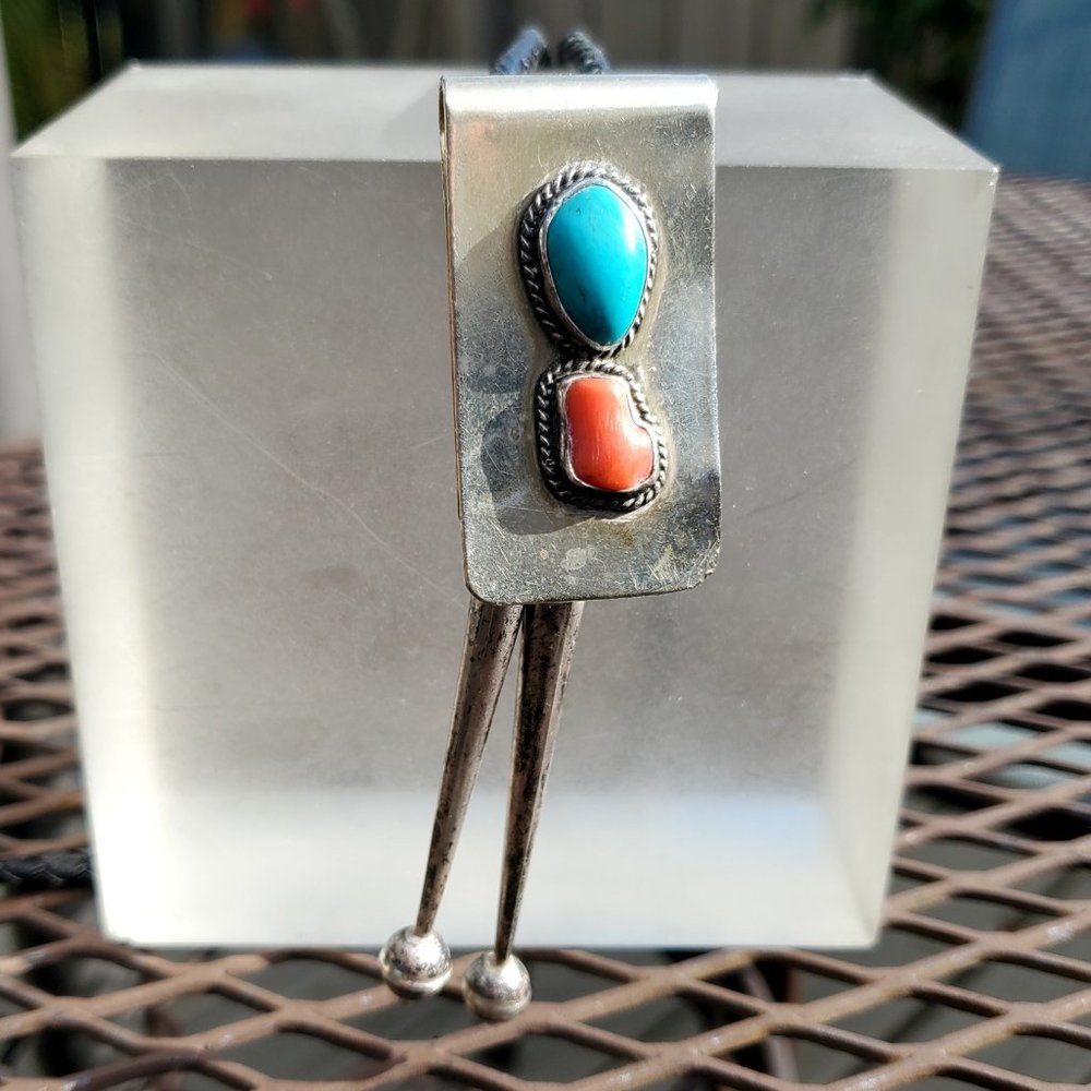 "Money Clip" BOLO Tie Silver -Turquoise -Coral Braided Cord and Silver Tips